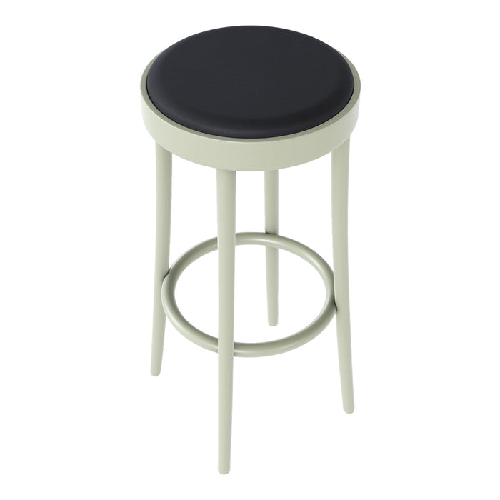 Black padded seat on a light green frame bar stool, featuring a simple, sleek design. Perfect for modern decor.