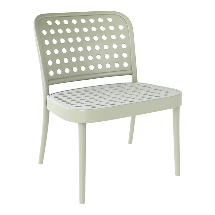 Light green perforated chair with a minimalist design and rounded edges, featuring a stylish dotted pattern.