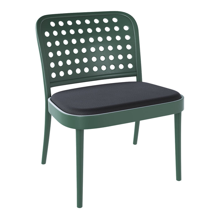 Green chair with a perforated backrest and a black cushioned seat, featuring a modern, minimalist design.