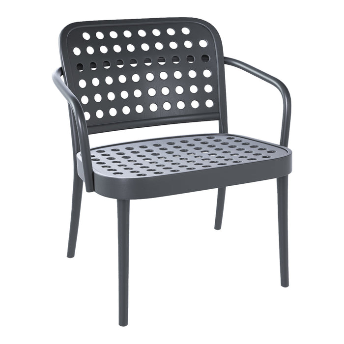 Gray patio chair featuring a modern design with circular perforations. Sturdy frame and stylish minimalism.