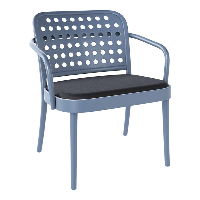 Light blue chair with a perforated backrest and a black cushioned seat, offering a modern and stylish look.