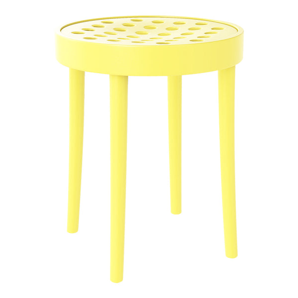 Bright yellow round stool with a perforated circular top and three tapered legs, perfect for modern decor.