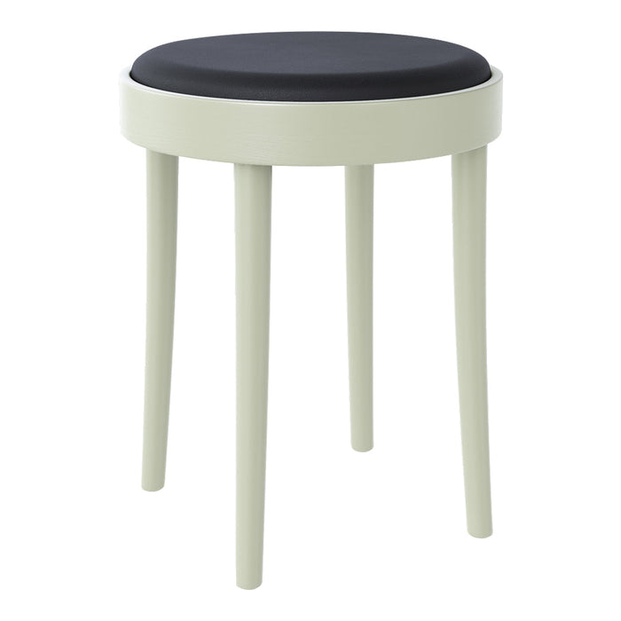 Round stool with a pale green frame and a sleek black cushioned seat. Modern and minimalist design.