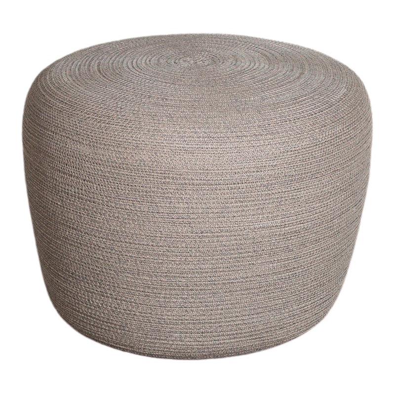 Round, textured pouf in soft gray, featuring a woven pattern that adds a modern touch to any decor.