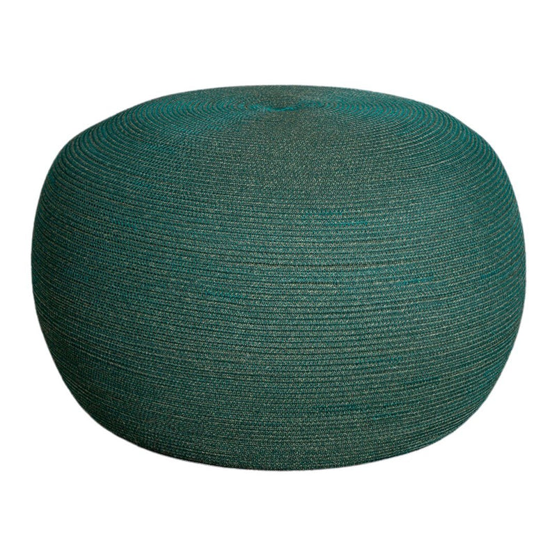 Teal and dark green textured pouf with a round shape, featuring a layered, striped pattern.