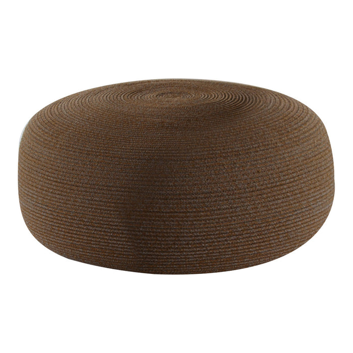Round brown pouf with textured spiral pattern, ideal for modern home decor. Durable and stylish accent piece.