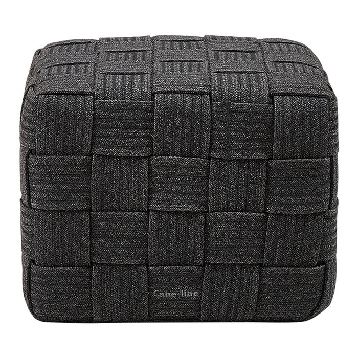 Gray woven pouf with a textured, checkerboard pattern, adding a modern touch to any space.