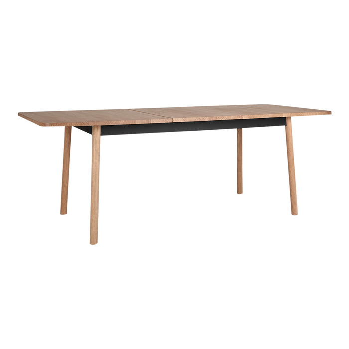 Light wood tabletop with a smooth finish and dark black base. Sleek, modern design with straight legs.
