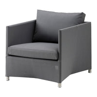 Gray modern armchair with a sleek design and solid fabric upholstery, featuring a simple, clean aesthetic.