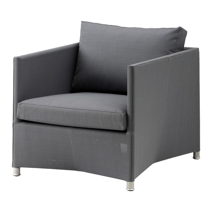 Gray modern armchair with a sleek design and solid fabric upholstery, featuring a simple, clean aesthetic.
