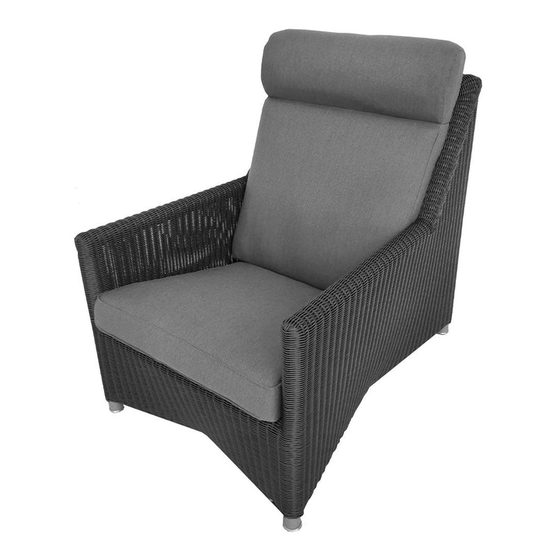 Grey wicker chair with a sleek design, featuring a soft grey cushion and a contemporary, patterned texture.