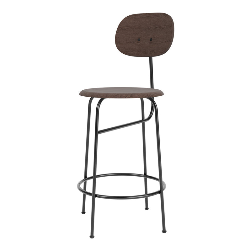 Stylish bar stool featuring a dark wood seat and backrest with a black metal frame, showcasing a minimalist design.