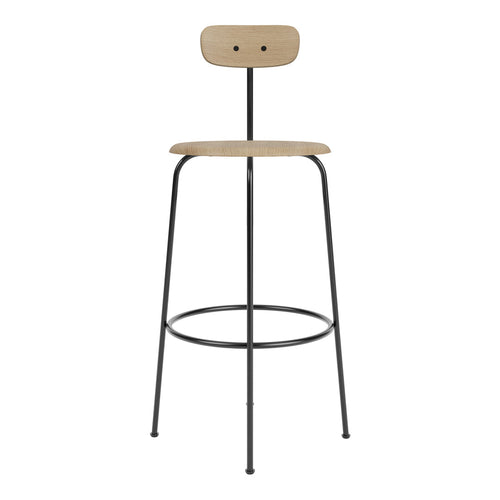 Natural wood grain bar stool with black metal frame and minimalist design, perfect for modern decor.