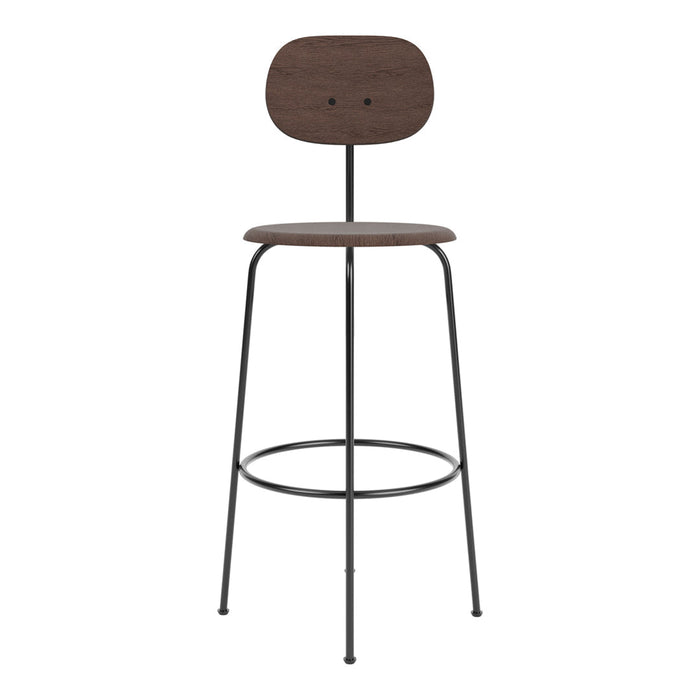 Dark wood and sleek black metal create a modern, minimalist bar stool with a simple, elegant design.