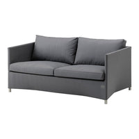 Gray two-seater sofa with a smooth fabric finish and minimalist design, featuring plush cushions and sleek metal legs.