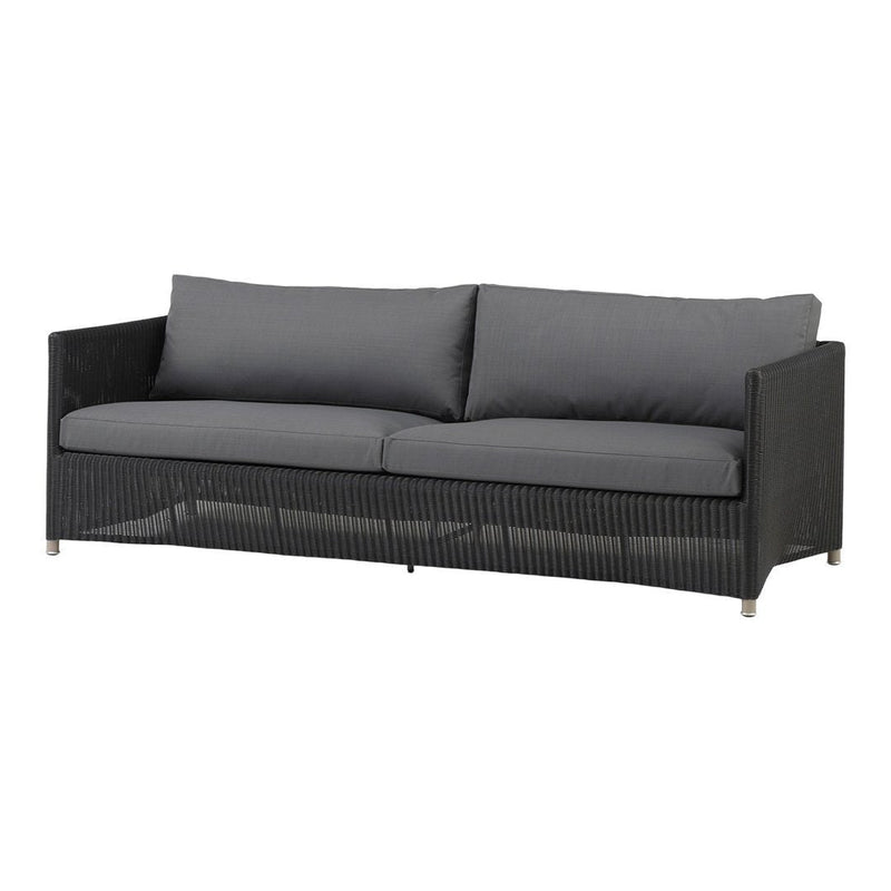 Modern outdoor sofa featuring a sleek black wicker design and dark gray cushions for a stylish look.