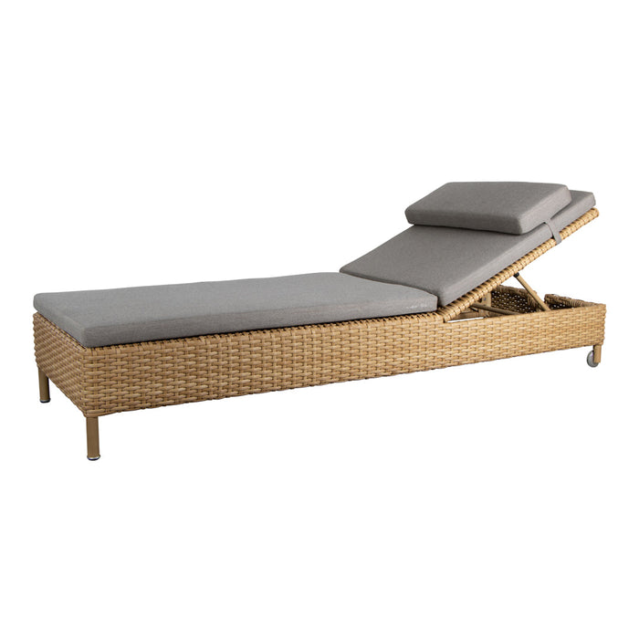 Gray cushion chaise lounge with a natural woven rattan frame, perfect for outdoor relaxation.