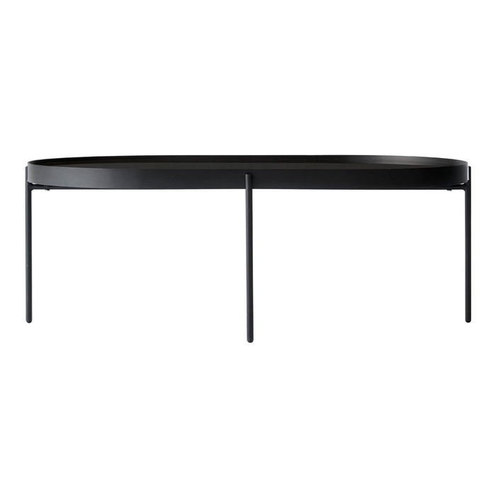 Sleek black oval coffee table with a minimalist design and slender legs, perfect for modern decor.