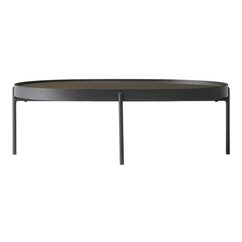 Elegant oval coffee table in dark gray metal with a sleek black top. Modern minimalist design enhances any decor.