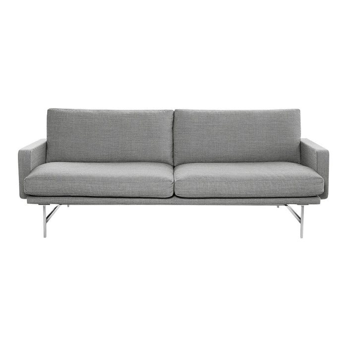 Stylish gray sofa with a sleek, modern design and subtle textured fabric. Elegant chrome legs enhance its contemporary look.