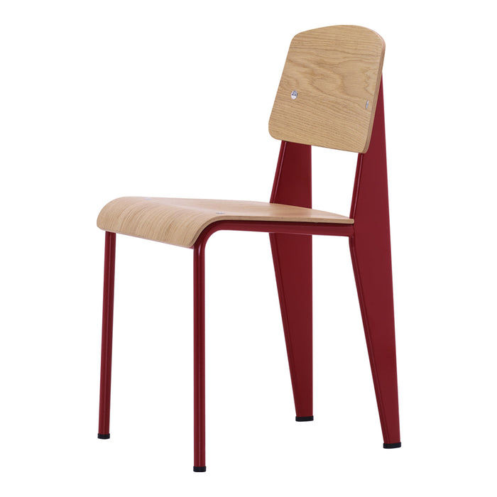 Red metal legs with a natural wood seat and backrest, featuring a sleek, minimalist design.