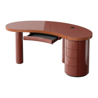 Modern oval desk in a rich reddish-brown finish with a sleek, glossy surface and subtle striped details.