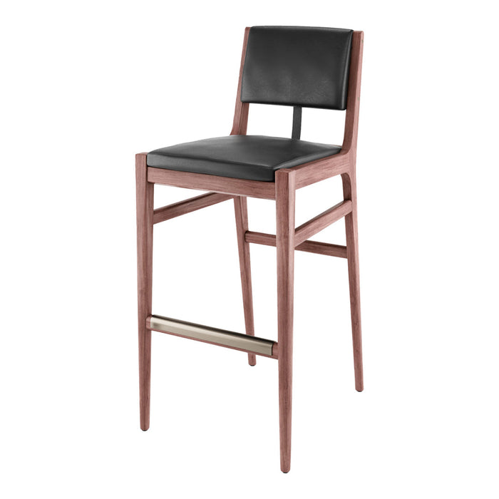 Black leather bar stool with a walnut wood frame and minimalist design. Modern and sleek aesthetic.