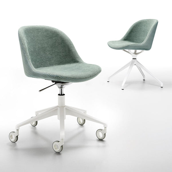 Modern swivel chair featuring a textured light teal upholstery and a sleek white base with rolling casters.