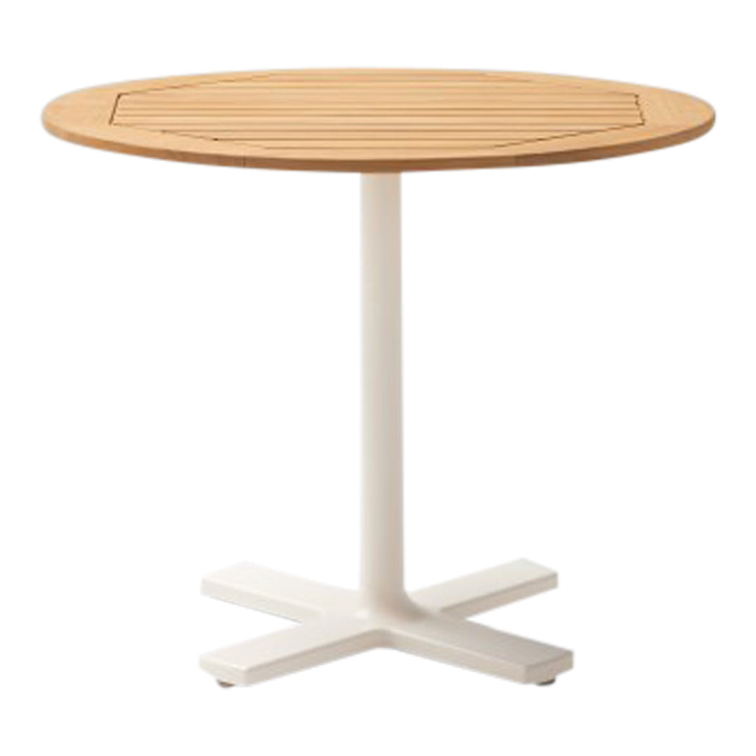 Round wooden table with a natural light brown finish and a sleek white base. Perfect for modern outdoor or indoor settings.