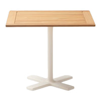 Light wood tabletop with a slatted pattern, supported by a sleek white pedestal base. Ideal for modern decor.