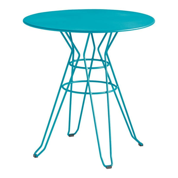 Teal round table with a sleek wire base, perfect for modern decor and outdoor settings.