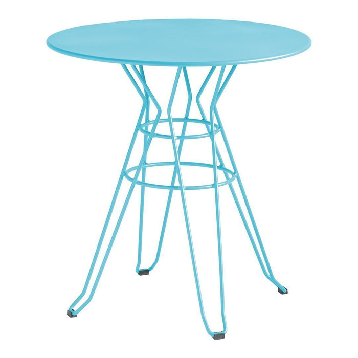 Round turquoise table with a geometric wire base, perfect for modern indoor or outdoor settings.