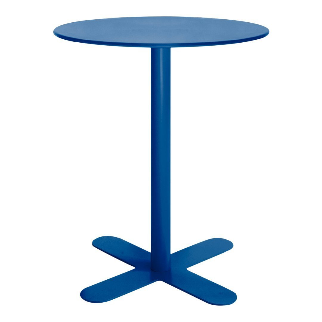 Round blue table with a sleek finish and a minimalist design, featuring a solid base and clean lines.