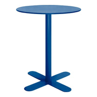 Round blue table with a sleek finish and a minimalist design, featuring a solid base and clean lines.