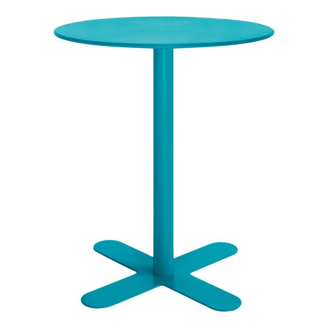 Turquoise round table with a sleek design and a solid base, perfect for modern decor. Ideal for indoor or outdoor use.