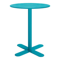Turquoise round table with a sleek design and a solid base, perfect for modern decor. Ideal for indoor or outdoor use.