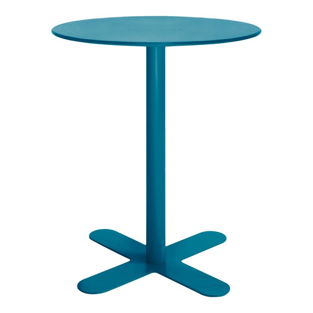 Teal round table with a sleek design and a sturdy cross-shaped base. Perfect for modern decor.