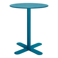 Teal round table with a sleek design and a sturdy cross-shaped base. Perfect for modern decor.