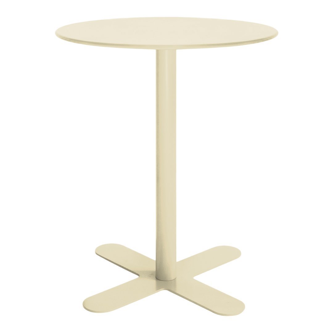 Round, light beige table with a smooth finish and minimalist design, featuring a simple cross base.
