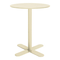 Round, light beige table with a smooth finish and minimalist design, featuring a simple cross base.