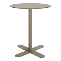 Light gray round bar table with a textured surface and a simple cross-base design. Perfect for modern spaces.