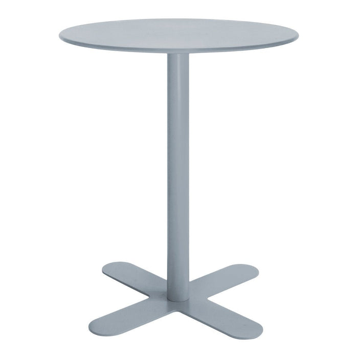 Light gray round table with a smooth finish and minimalist design, featuring a simple cross base.