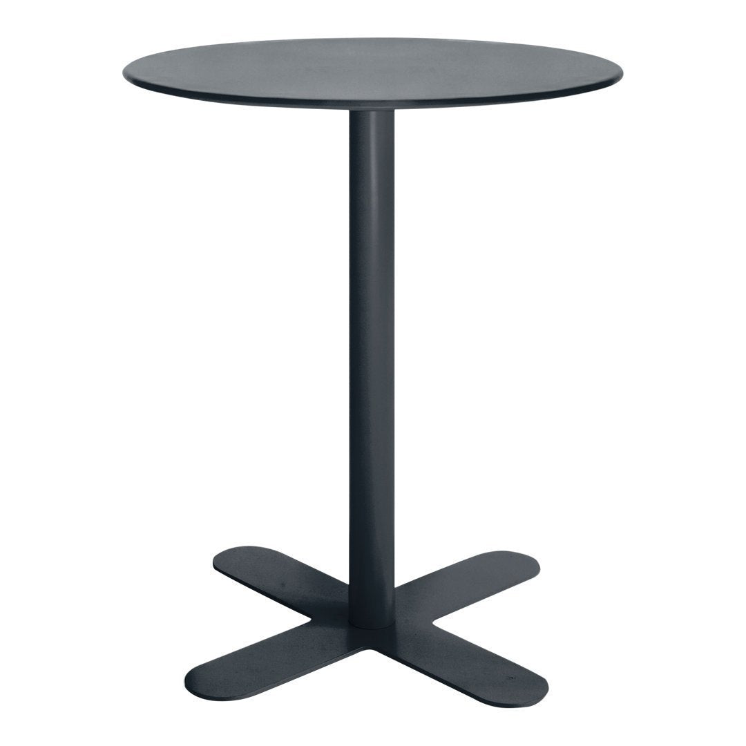 Black round table with a sleek matte finish and a minimalist cross base design. Ideal for modern decor.