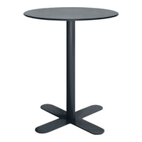 Black round table with a sleek matte finish and a minimalist cross base design. Ideal for modern decor.