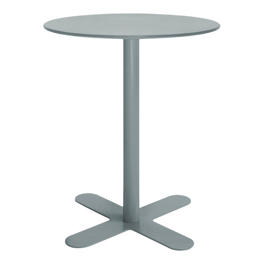 Round, light gray table with a simple design and smooth, matte finish. Perfect for modern spaces.