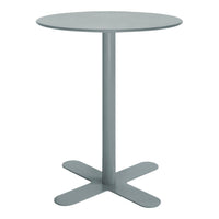 Round, light gray table with a simple design and smooth, matte finish. Perfect for modern spaces.