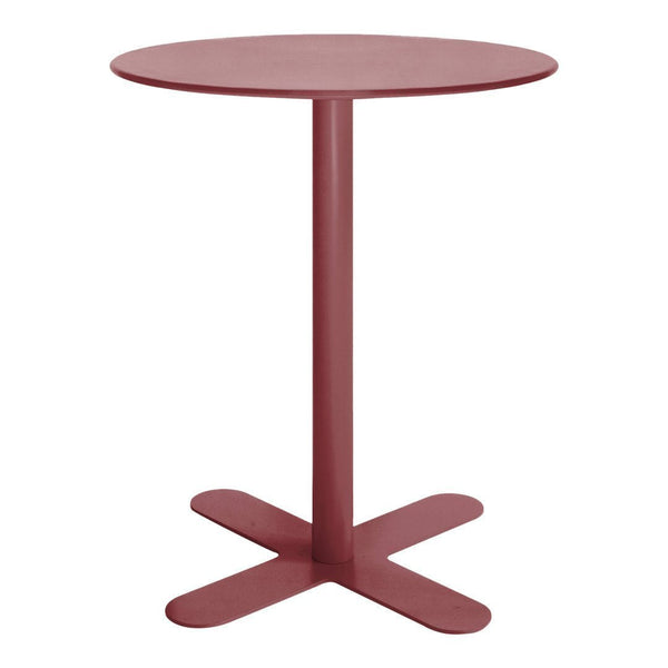 Round burgundy side table with a smooth surface and minimalist design, featuring a sturdy cross base.
