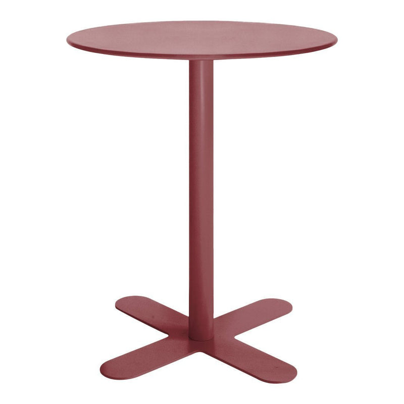 Round burgundy side table with a smooth surface and minimalist design, featuring a sturdy cross base.