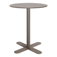 Round table in soft taupe color with a minimalist design and smooth surface, featuring a sleek, sturdy base.