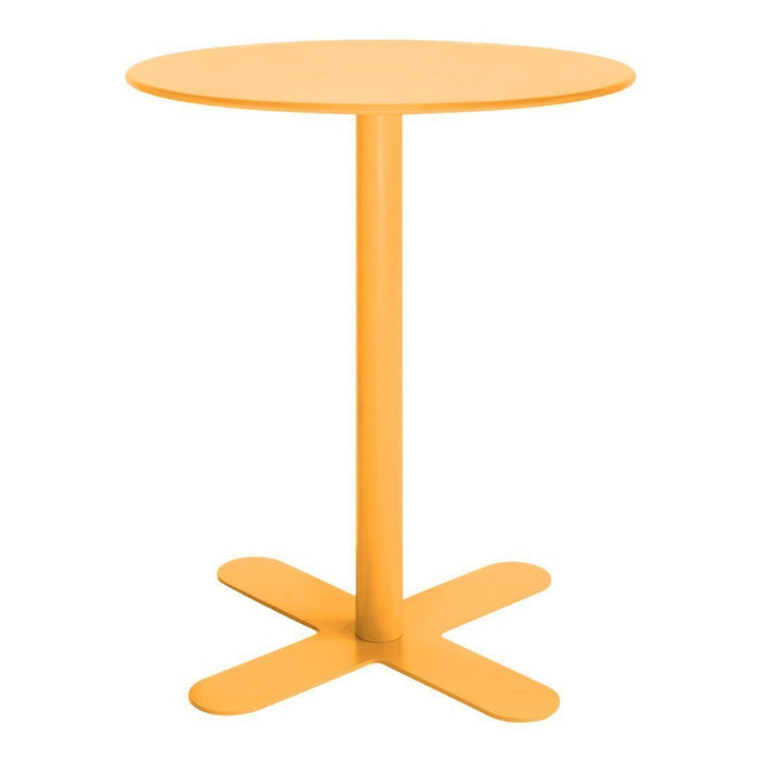 Yellow round table with a sleek design and a sturdy cross base, perfect for modern décor.